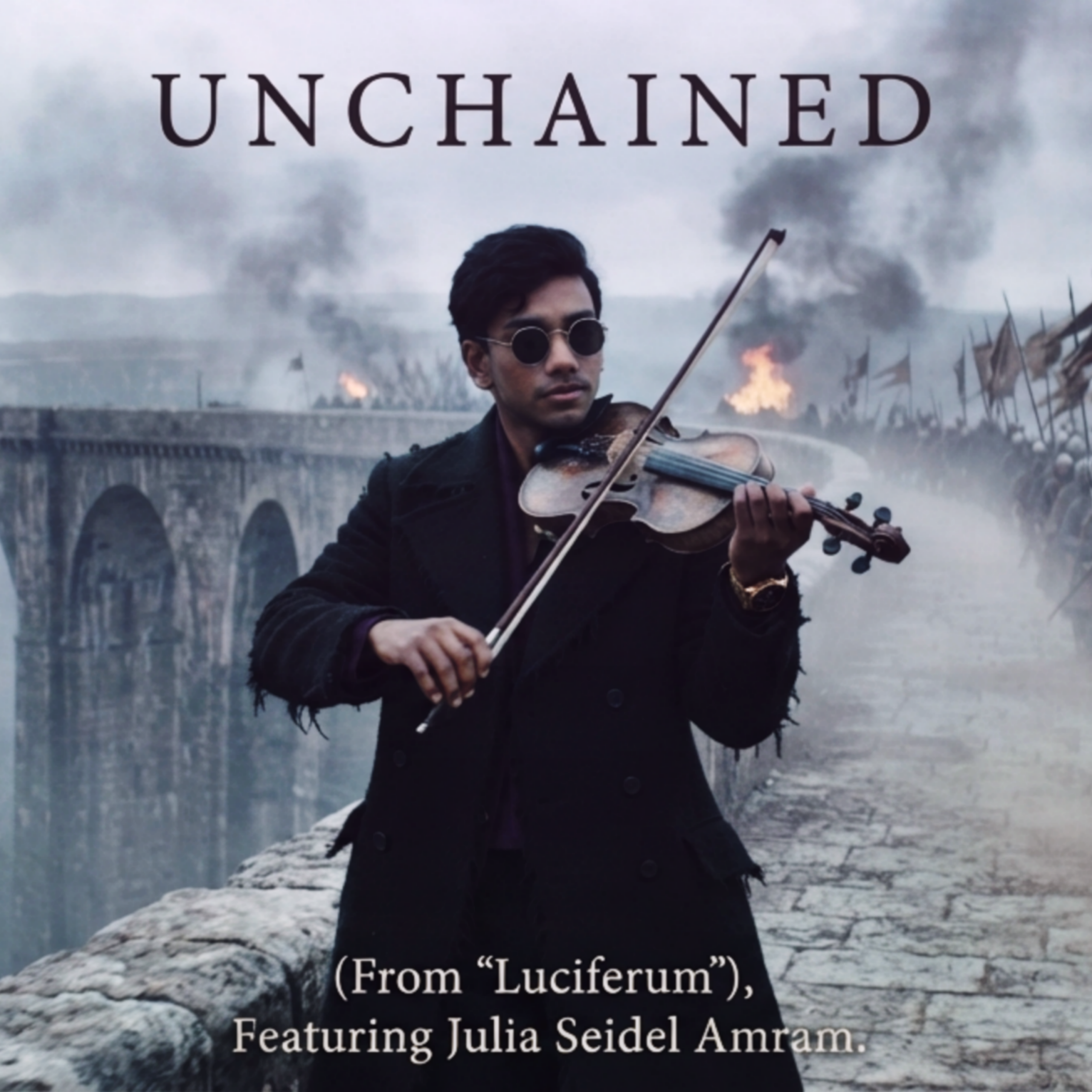 Actor & Composer Kesava Chandra as The Raconteur playing a fiddle amid war, fire, and destruction in the official artwork for UNCHAINED (From "Luciferum").